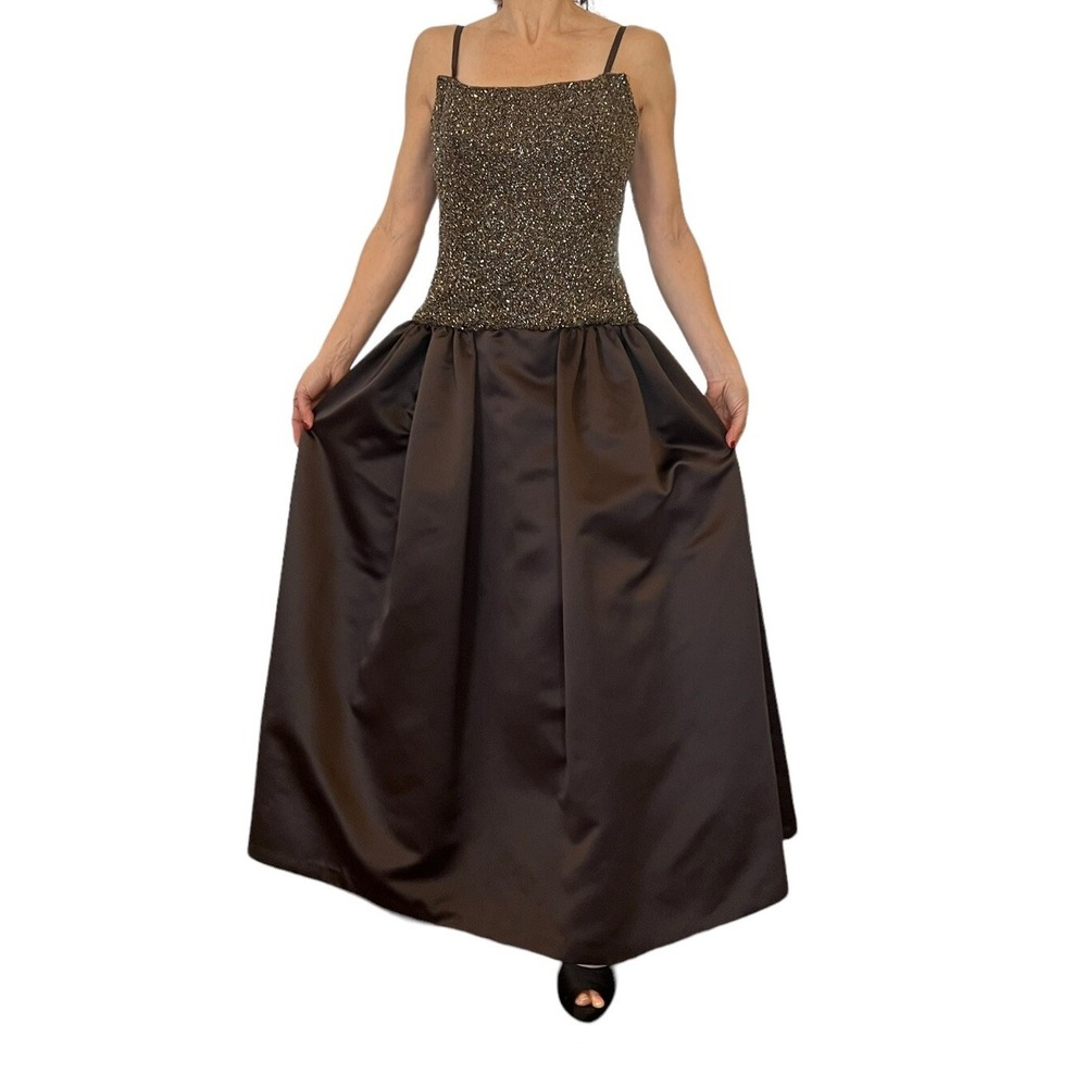 BOB MACKIE WOMEN VINTAGE 80'S SLEEVELSS BROWN BEADED SATIN BALL EVENING GOWN S/M - Picture 4 of 11